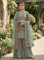 Thumbnail for Teeya Creation Teal Fendy Silk Heavy Embroidery Work Party Wear Sharara Suit - Distacart