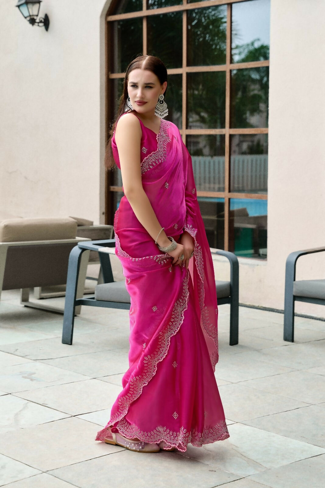 Vastranavya Pink Embroidery Work Shimmer Chiffon Saree with Unstitched Blouse