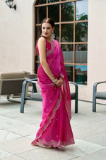 Thumbnail for Vastranavya Pink Embroidery Work Shimmer Chiffon Saree with Unstitched Blouse