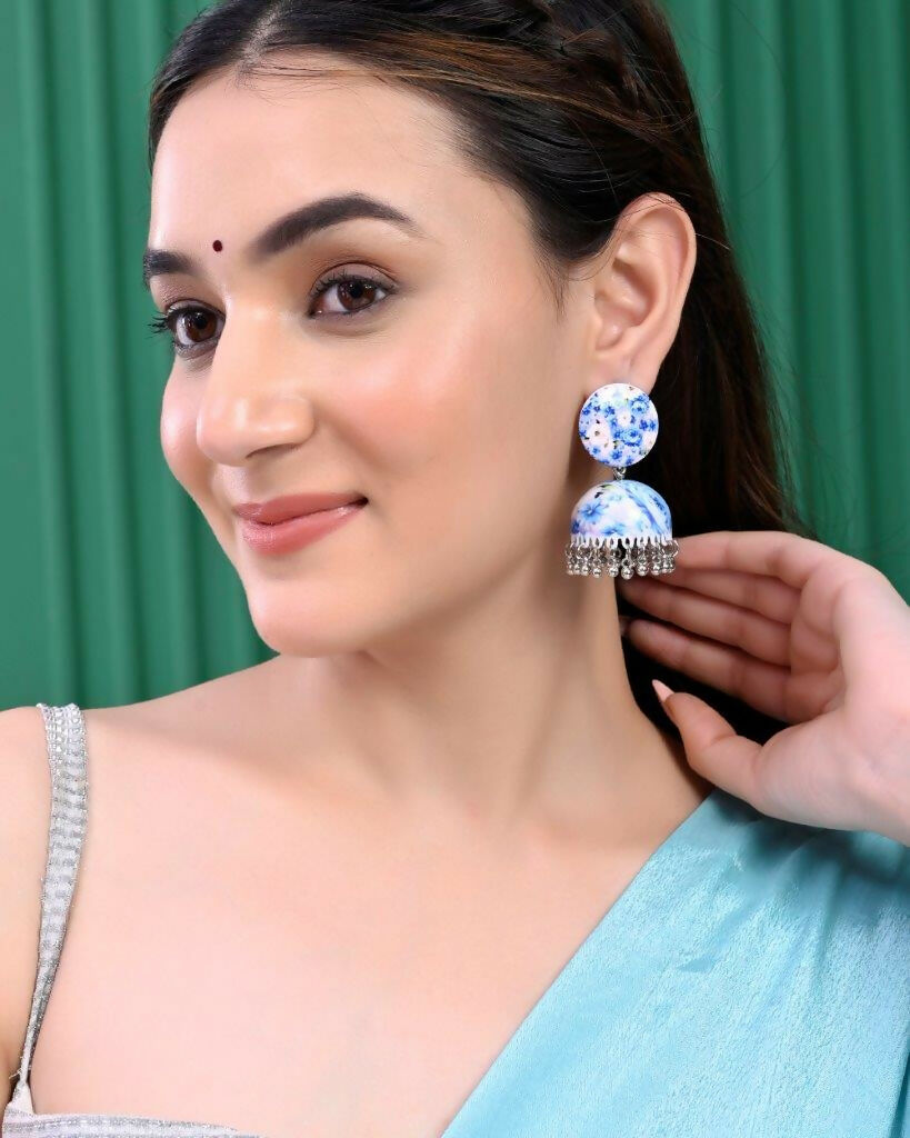 VOJ Set Of 2 Earrings- Blue Printed Jhumka With Black AD Studded Drop Earrings - Distacart