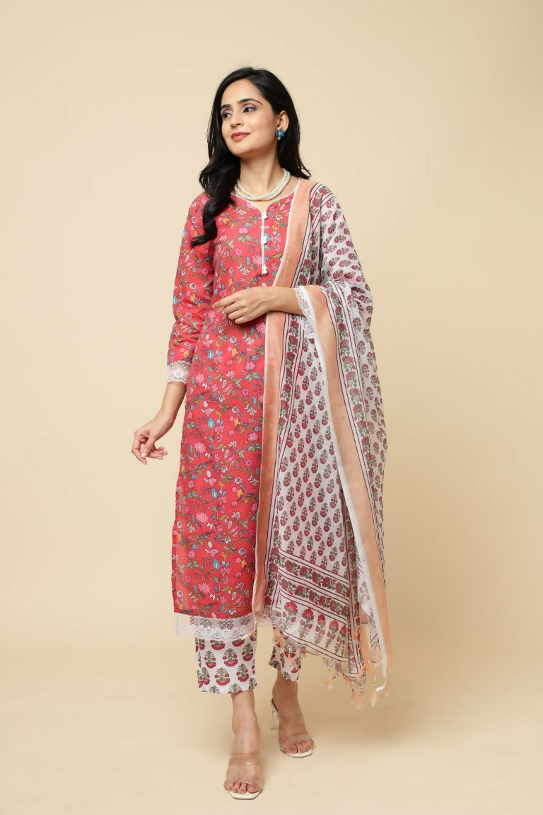 Designer Stylish Red Cotton Blend Stitched Suit With Dupatta - Tanisha - Distacart