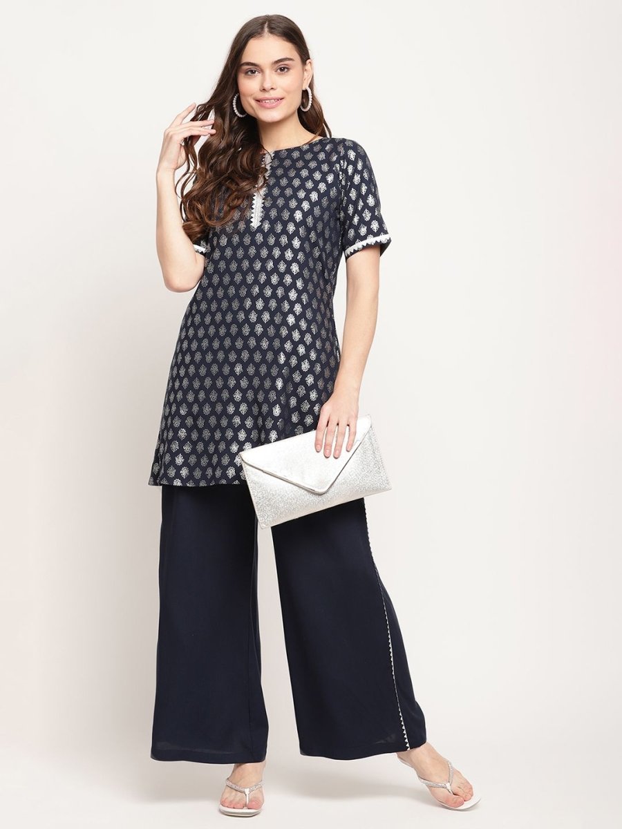 Ahalyaa Women's Blue Rayon Foil Print Top with Palazzo Set - Distacart