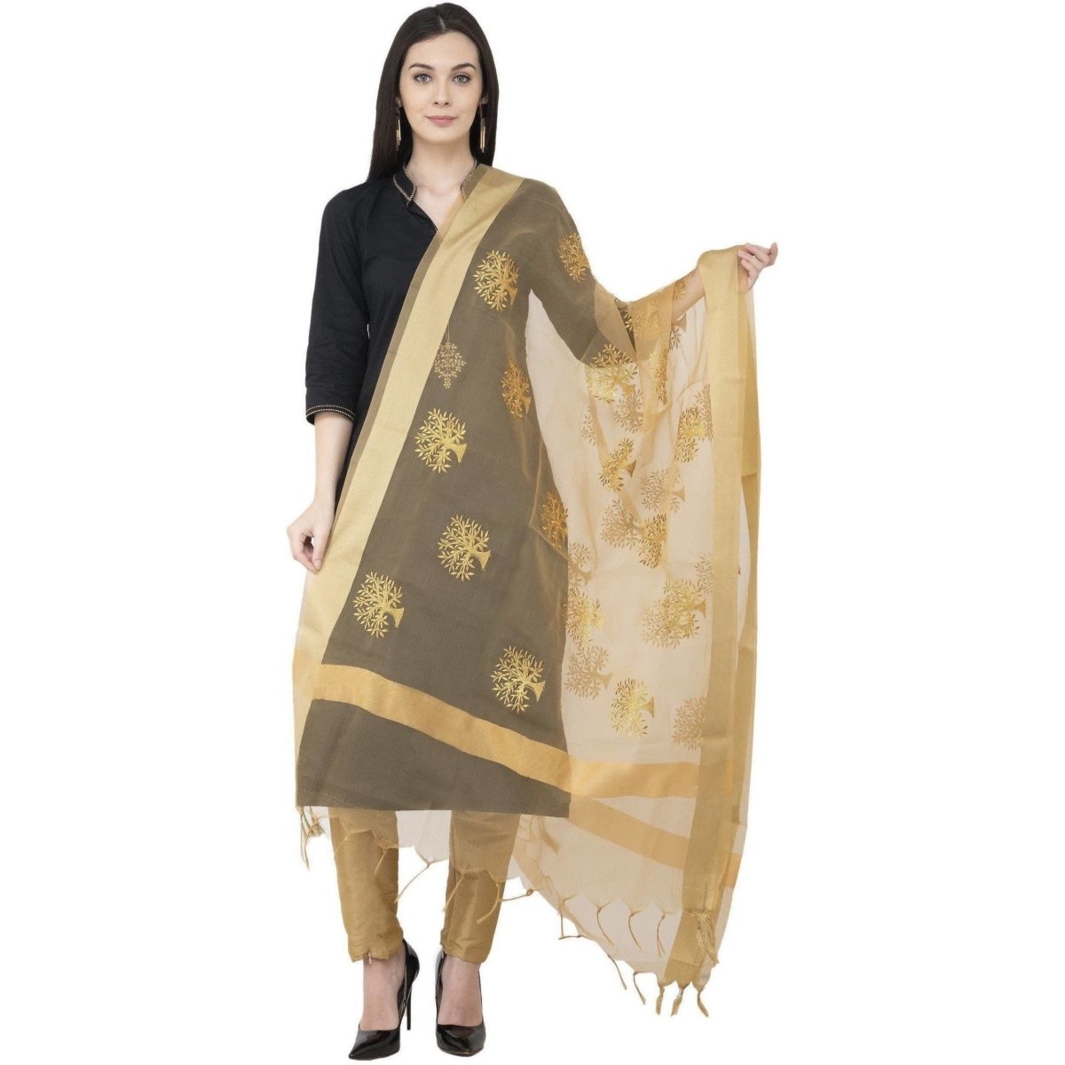 A R SILK Tissue Zari Embroidery Golden Zari Embroidery Golden Color Dupatta or Chunni