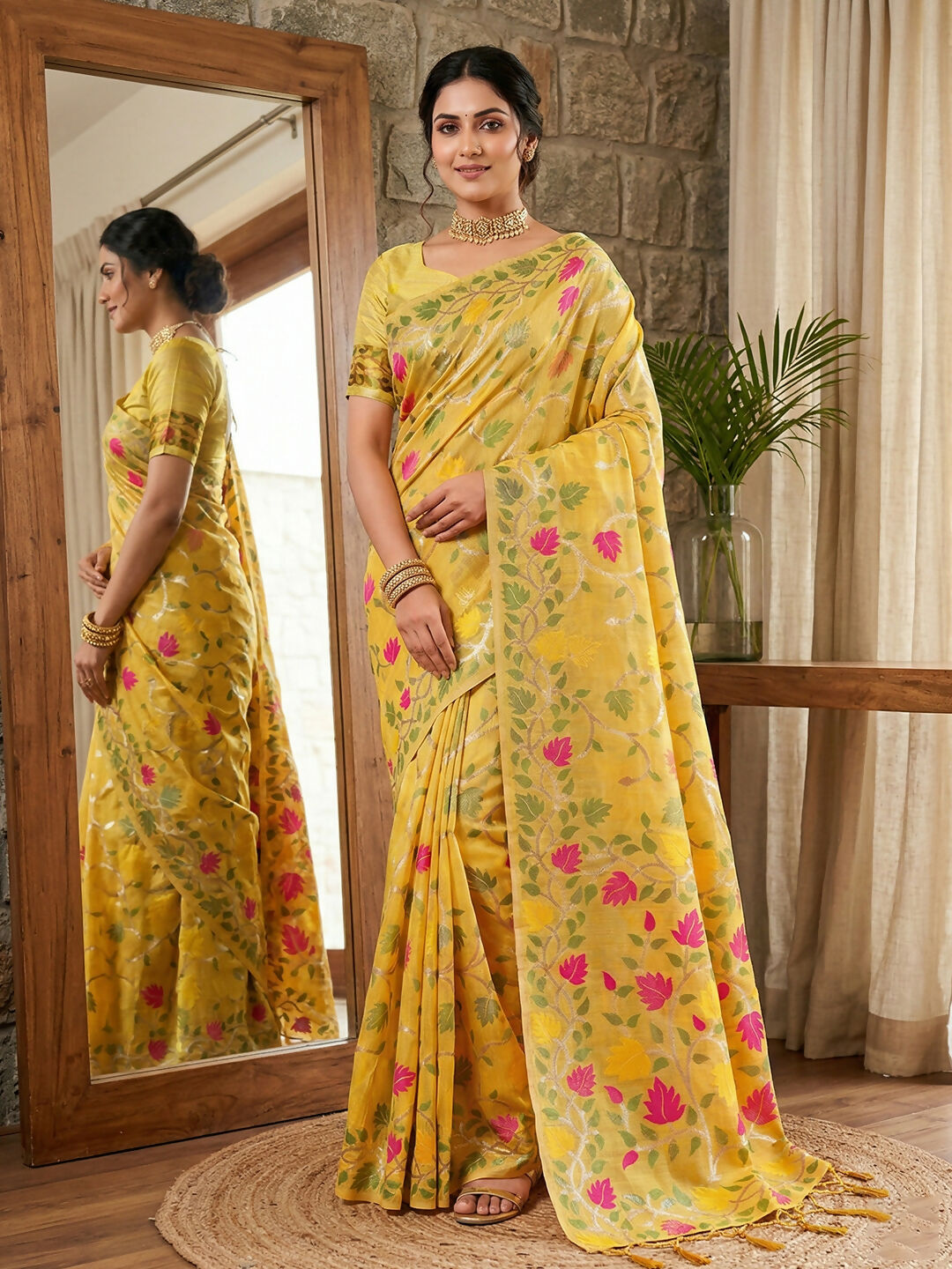 Shree Shyam Fashion Yellow Linen Cotton Saree - Distacart