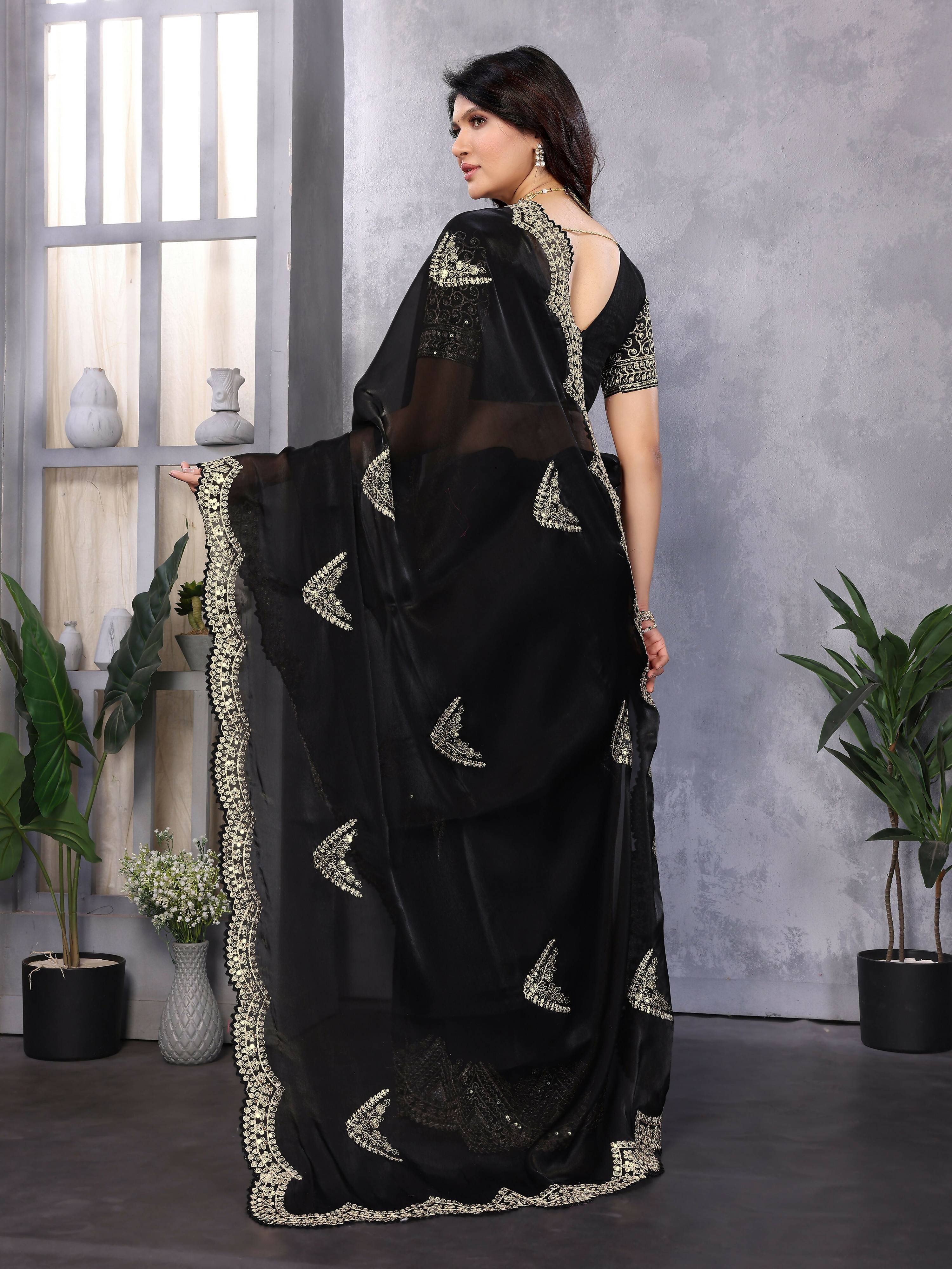 Vastranavya Black Embroidery Work Shimmer Chiffon Saree with Unstitched Blouse