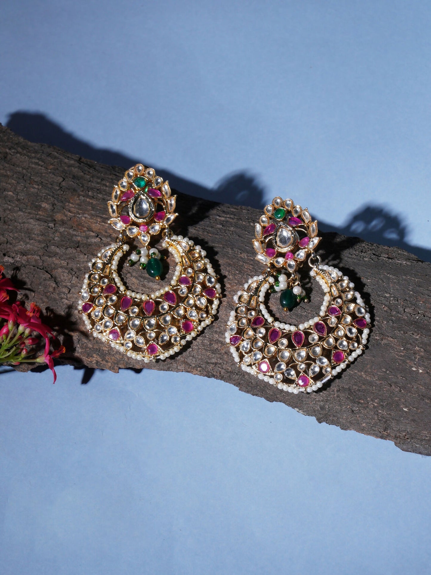 Kundan Chand Earrings (Gold) - Ruby Raang - Distacart