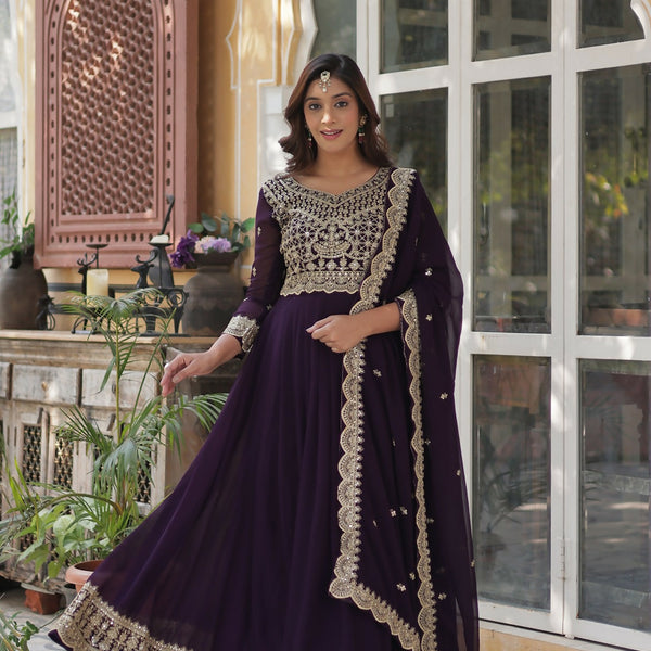 Joban Fashion Wine Georgette Sequence Embroidery Work Kurta Set - Distacart