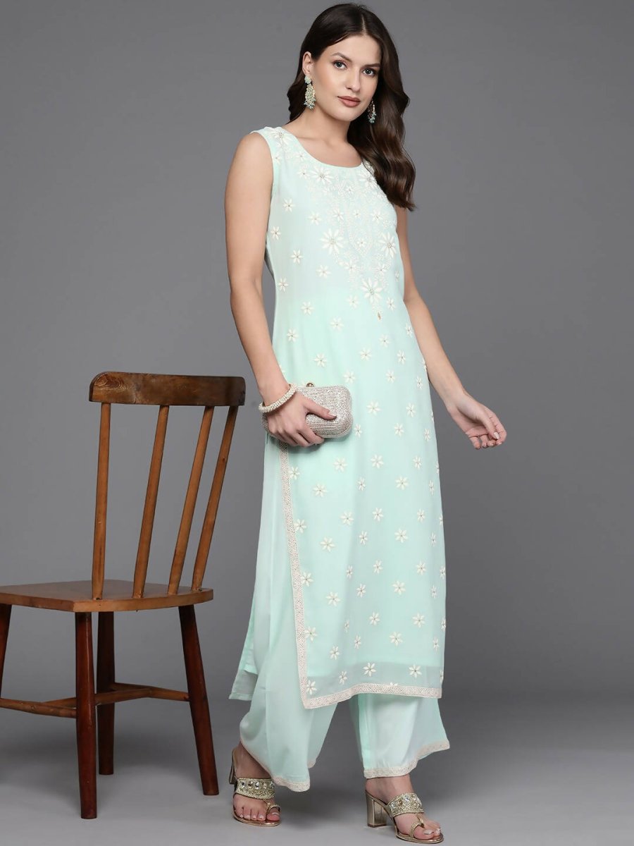 Ahalyaa Women Floral Embroidered Regular Kurta with Palazzos - Blue Color - Distacart