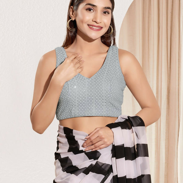 Joban Fashion Grey Sequence Padded Blouse With V Neck Sleeveless