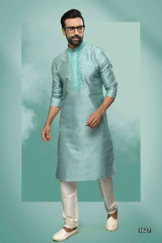 Raivat Ethnic Art Silk Mirror Embroidery Work Kurta Pajama In Sea Green Colour - Dista