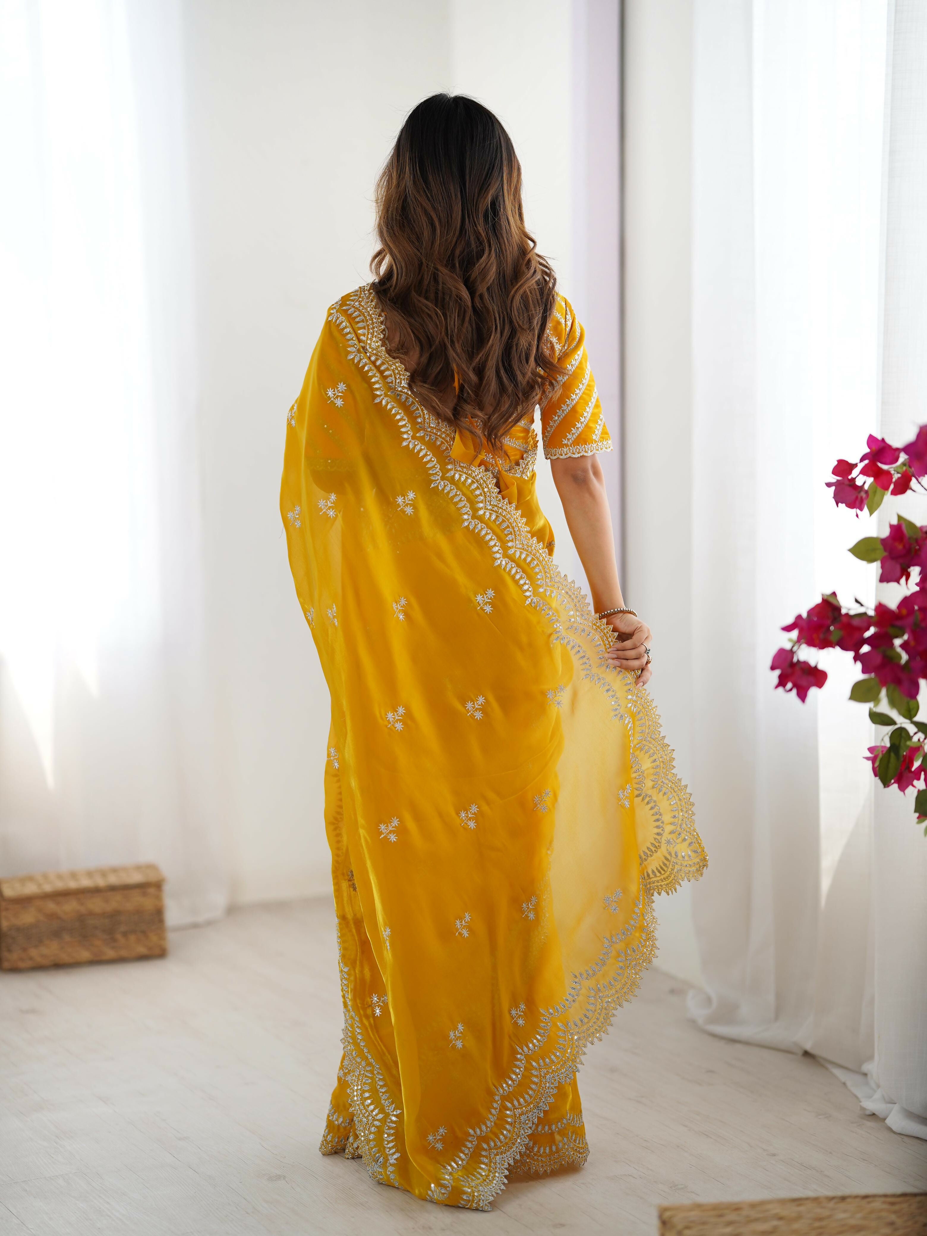 Joban Fashion Yellow Jimmy Choo Saree With Thread with Sequins work
