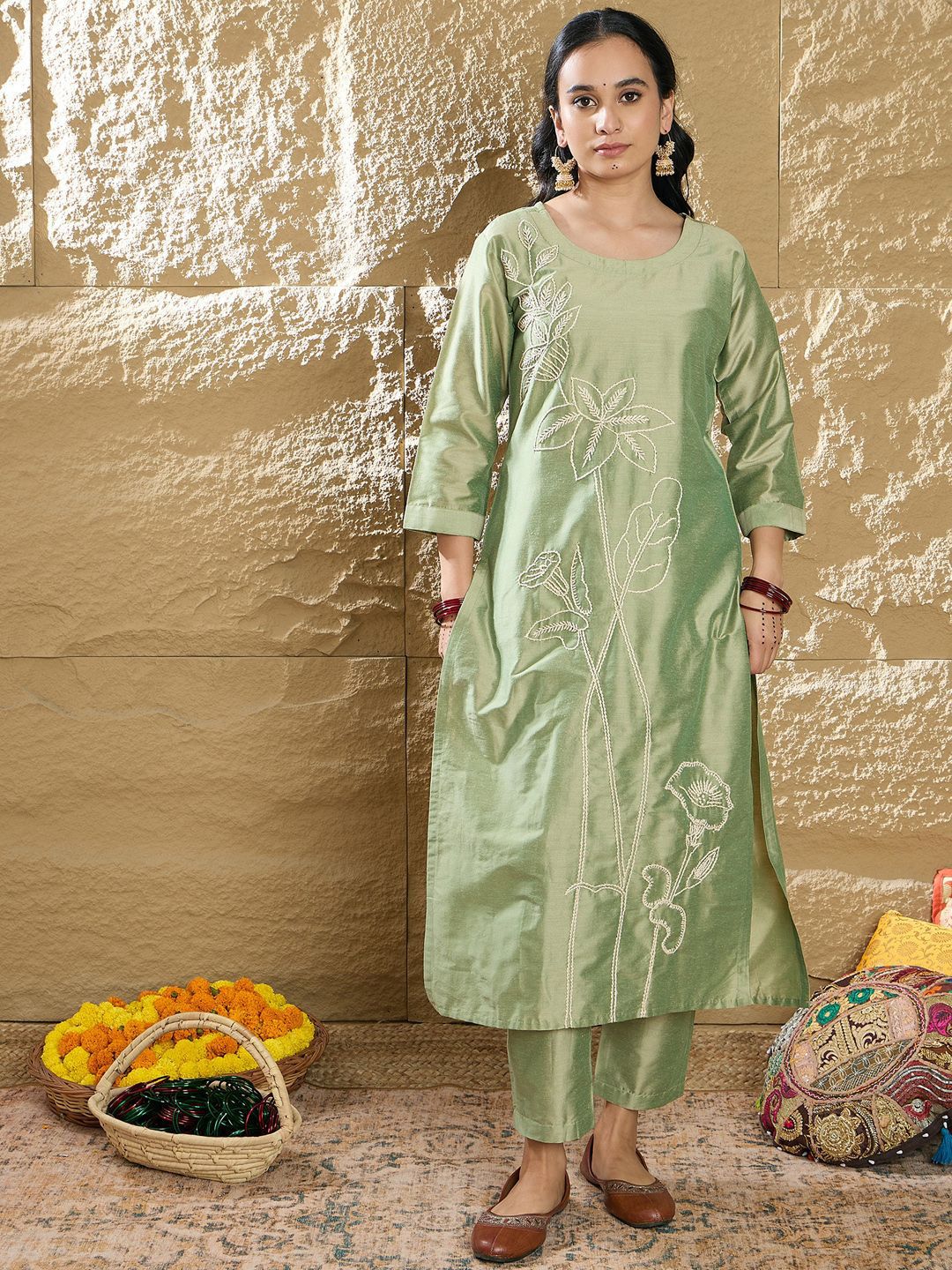 Indo Era Women Floral Embroidered Regular Thread Work Kurta with Trousers - Distacart