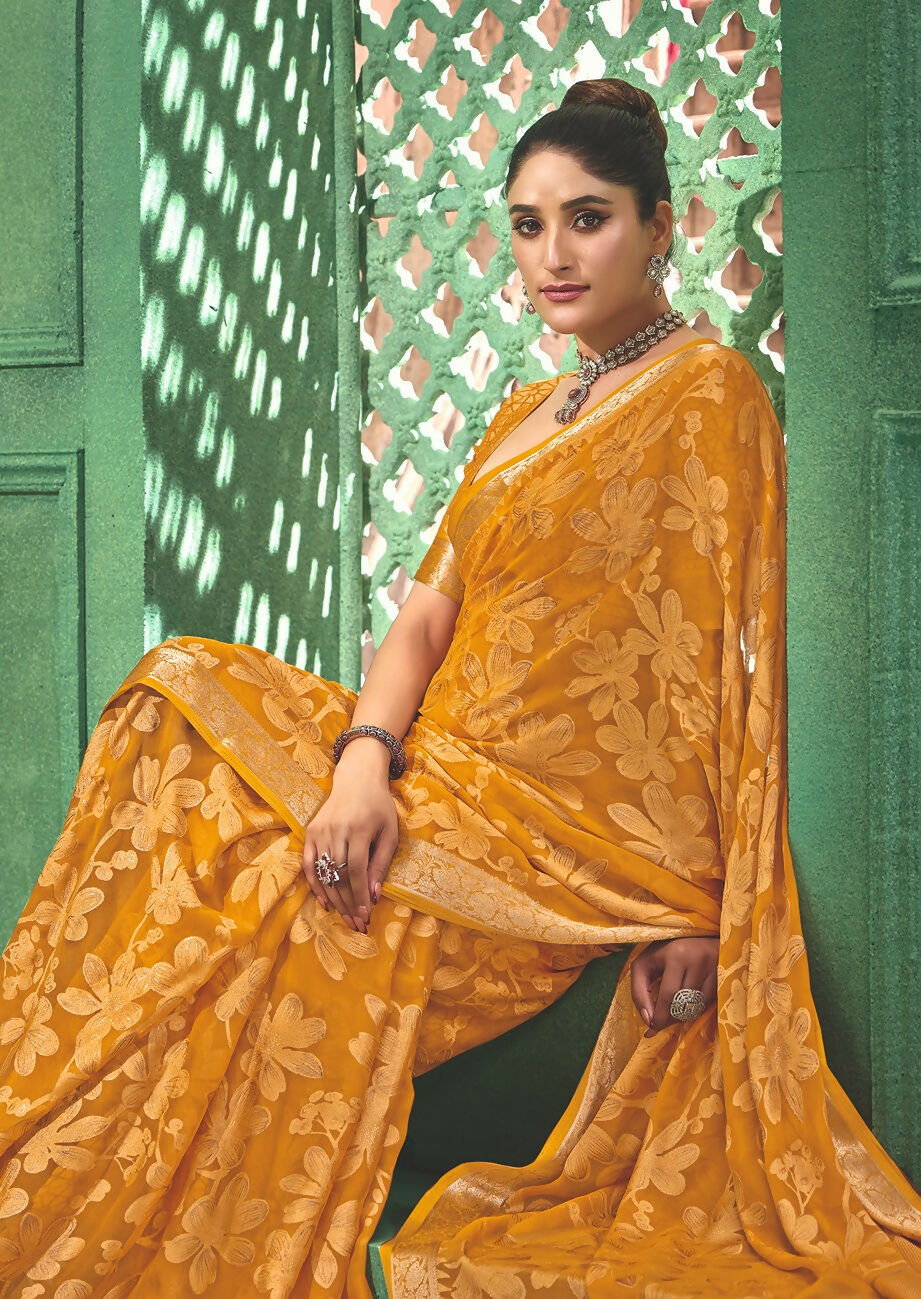 Joban Fashion Yellow Dull Moss Brasso With Kasab Zari Border Saree & Tassels With Brasso Blouse