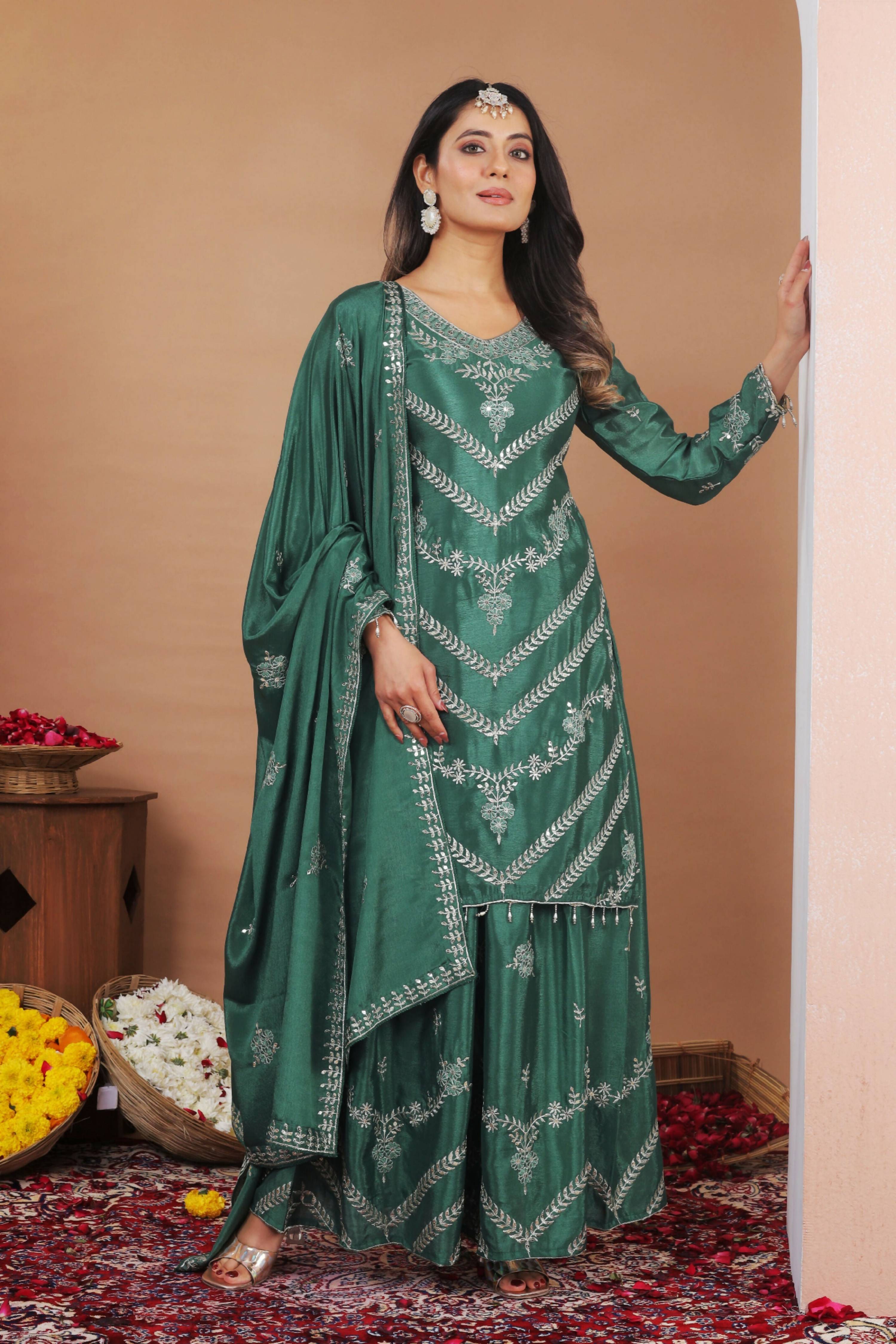 The52 Women's Gorgeous Embroidery Work Chinon Fabric Straight Kurta Sharara and Dupatta Set - Dista