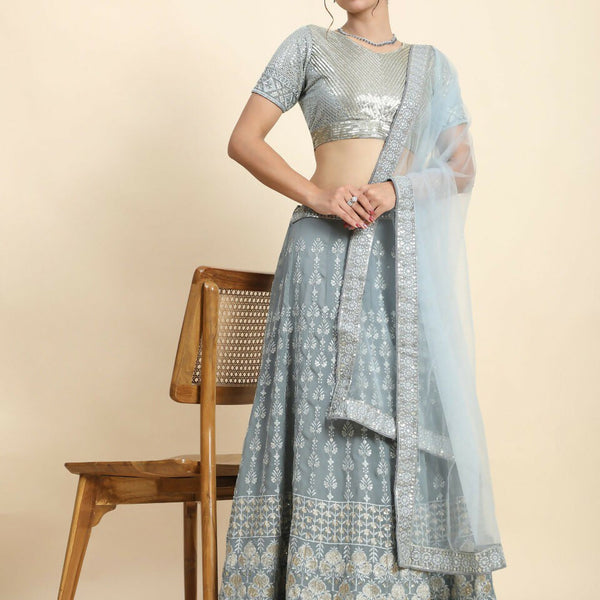 Jyoti Fashion Mesmerizing Grey Faux Georgette 3MM Sequins with Thread & Jari Embroidery Lehenga Choli with Dupatta - Distacart