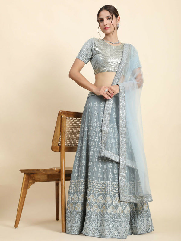 Jyoti Fashion Mesmerizing Grey Faux Georgette 3MM Sequins with Thread & Jari Embroidery Lehenga Choli with Dupatta - Distacart