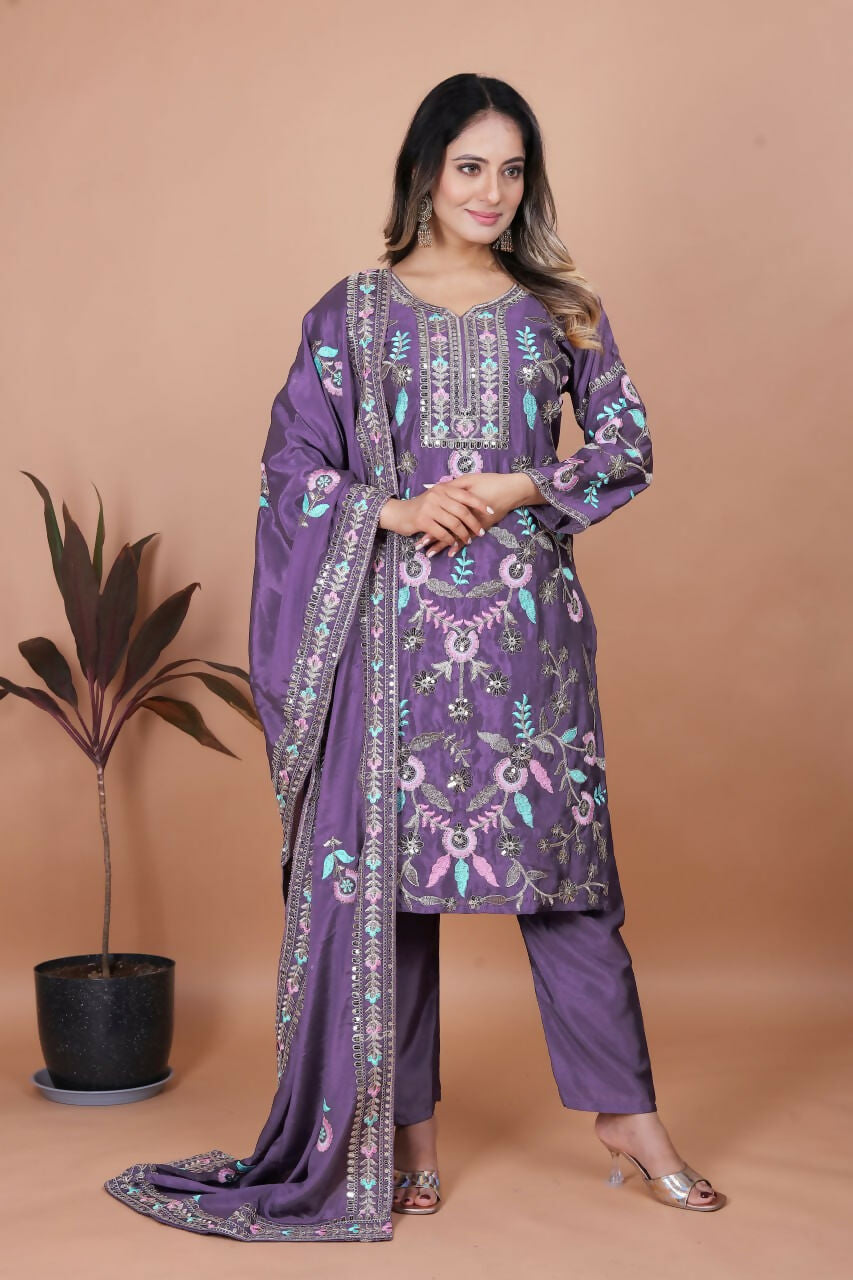 Joban Fashion Purple Silk Embroidered Kurti Set - Distacart