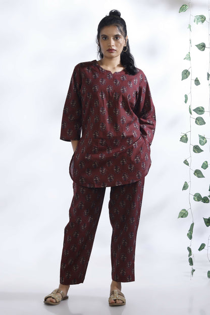 Breathables Butta Print Cotton Co-Ord Set – Wine - Dista