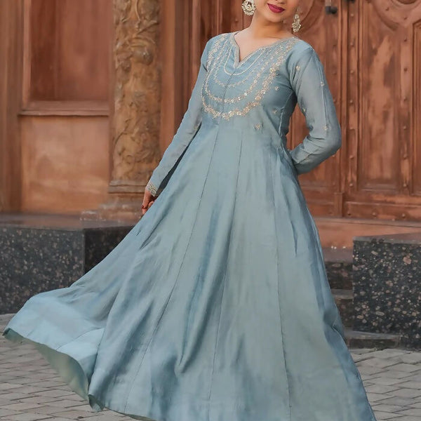 The52 Teal Blue Women's Gorgeous Vichitra Silk Fabric Embroidered Work Flared Anarkali Pant and Dupatta Set