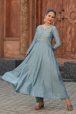 Thumbnail for The52 Teal Blue Women's Gorgeous Vichitra Silk Fabric Embroidered Work Flared Anarkali Pant and Dupatta Set