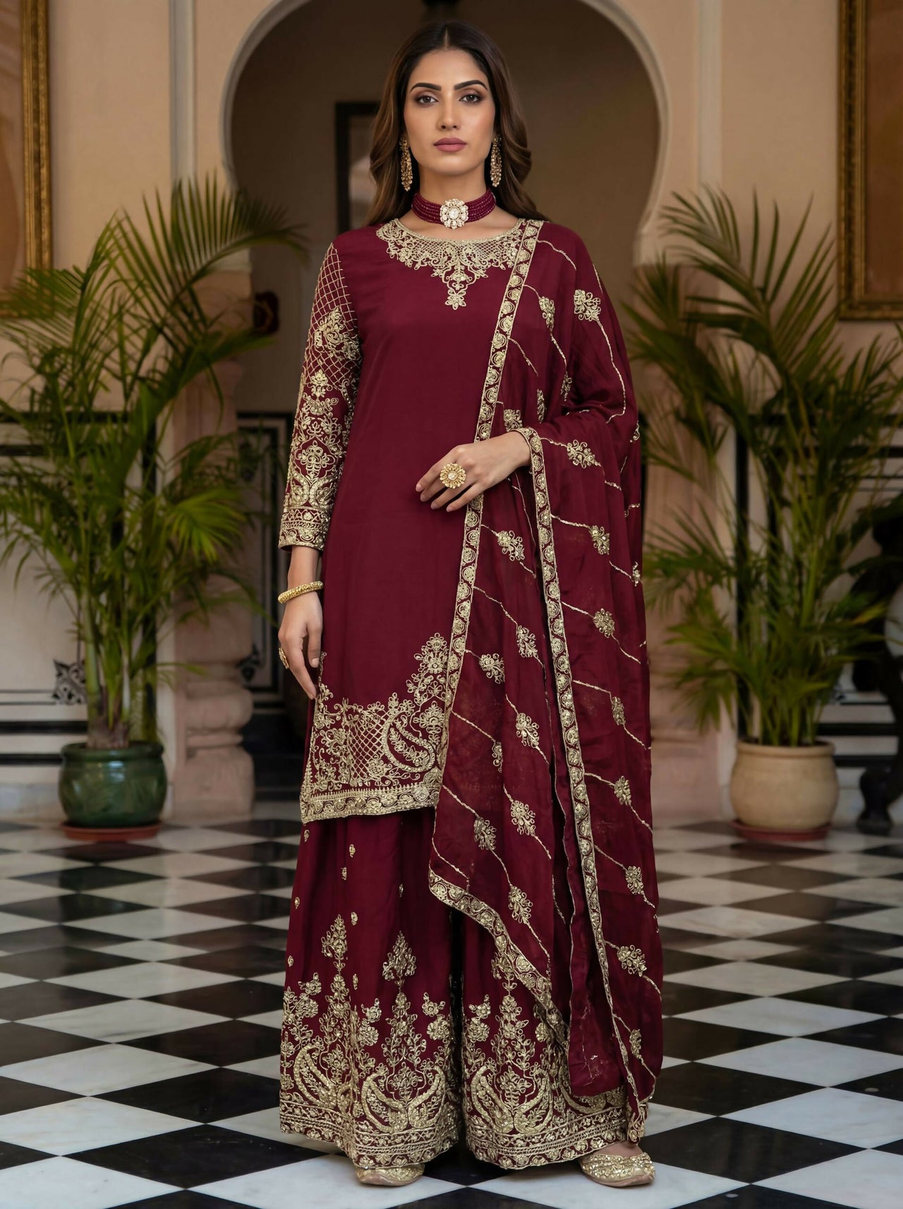 Teeya Creation New Trendy Traditional Wear Sharara with Heavy Border Dupatta Set - Maroon - Dista