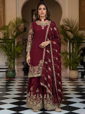 Teeya Creation New Trendy Traditional Wear Sharara with Heavy Border Dupatta Set - Maroon - Dista