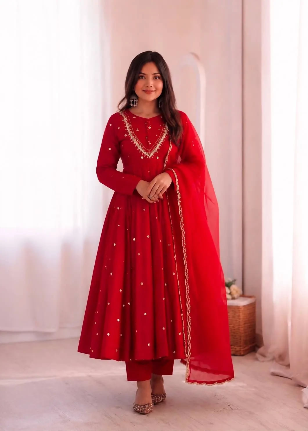 Teeya Creation Premium Red Heavy Neck Embroidery Anarkali Suit Set with Dupatta & Pant