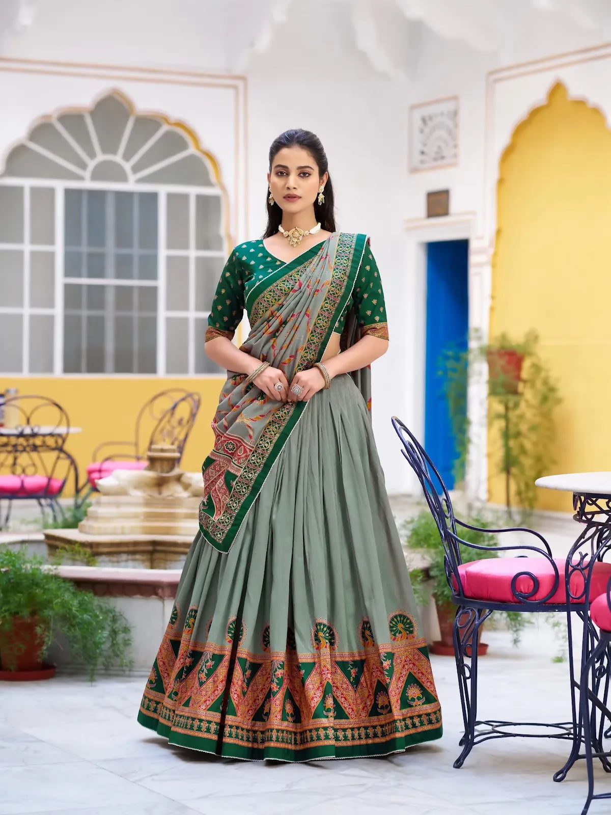 Looknbook Art Traditional Printed Tussar Silk Pleated Lehenga Choli for Women-Green