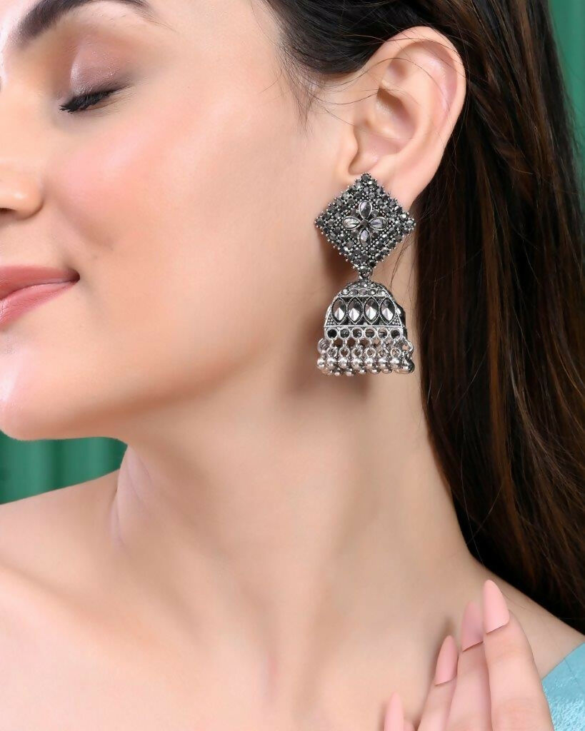 VOJ Black-Toned AD Studded Dome Shaped Jhumkas Earrings - Distacart