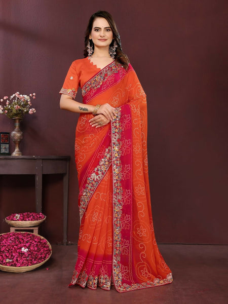Ai Fashion Orange Georgette Digital Print Party Wear Saree
