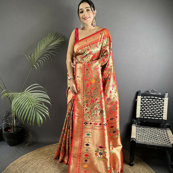 Joban Fashion Red Floral & Bird Motifs Soft Silk Paithani Saree - Distacart