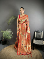 Thumbnail for Joban Fashion Red Floral & Bird Motifs Soft Silk Paithani Saree - Distacart