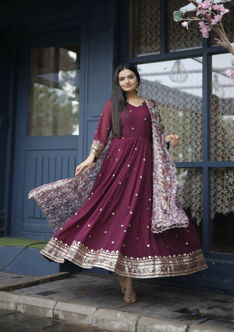 Jyoti Fashion Women's Wine Faux Blooming Sequins with Zari Embroidery Anarkali Dress with Dupatta - Distacart