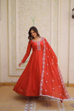 Thumbnail for Teeya Creation Womens New Fancy Mul Chanderi With Embroidered Work Gown Set - Dista