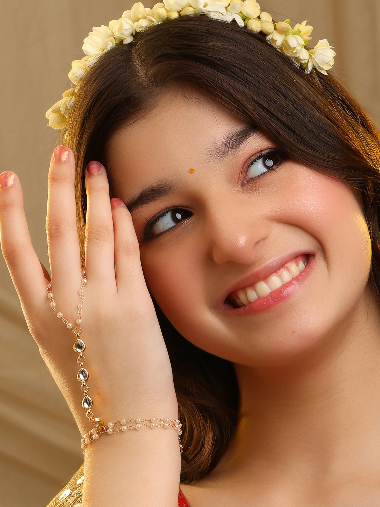 Ruby Raang Subtle Gold-Pearl Haath Phool