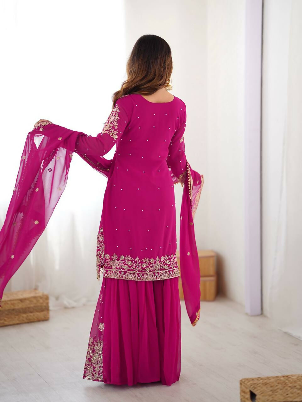 The52 Women's Beautiful Faux Georgette Fabric Embroidery Work Straight Kurt Sharara and Dupatta Set - Distacart