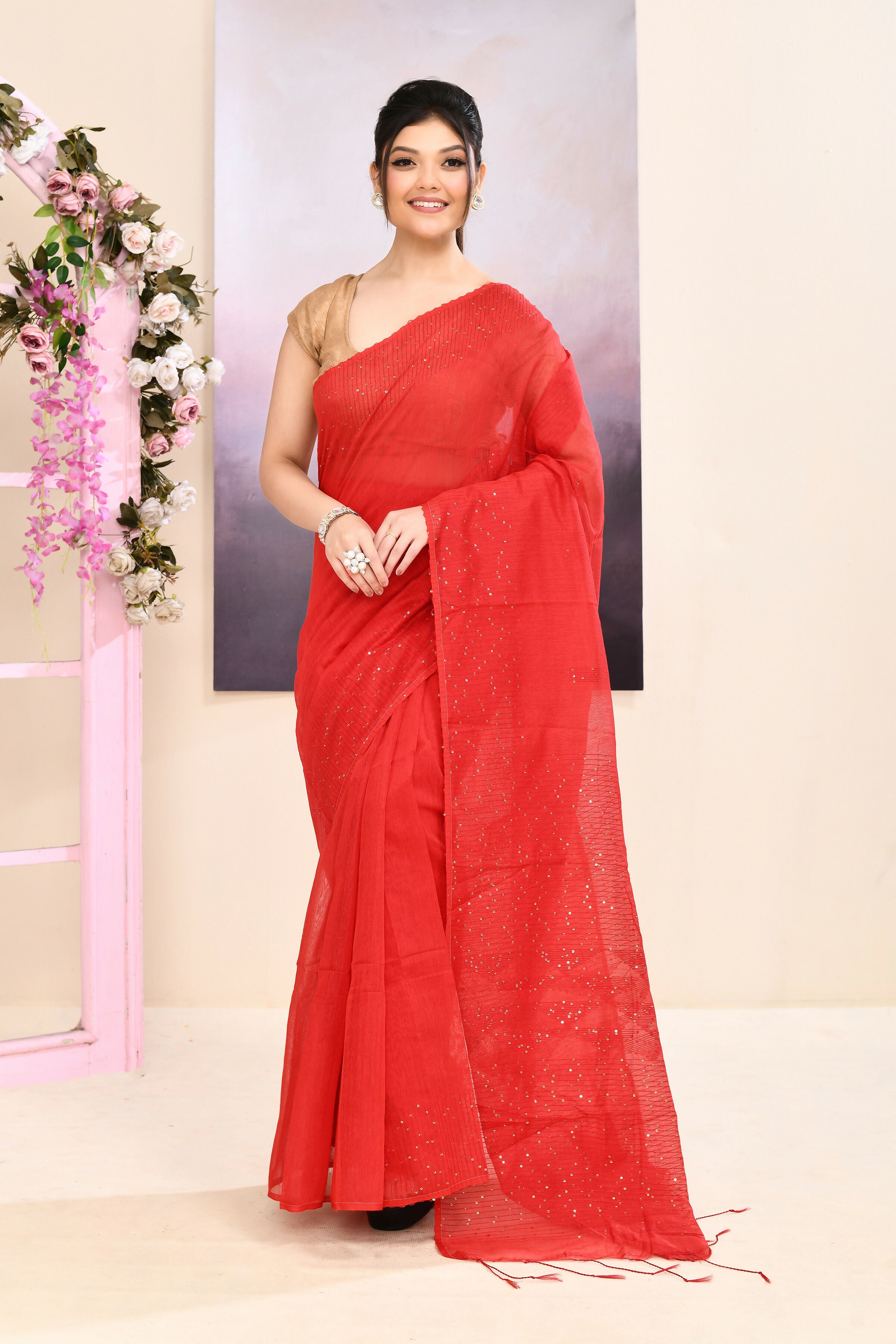 Piyari Fashion Women's Red Self Sequins Embellished Cotton Blend Jamdani Saree - Dista