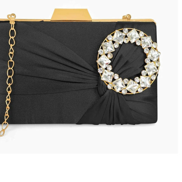 Joban Fashion Luxurious Satin Evening Clutch With Detachable Chain Strap - Black - Dista