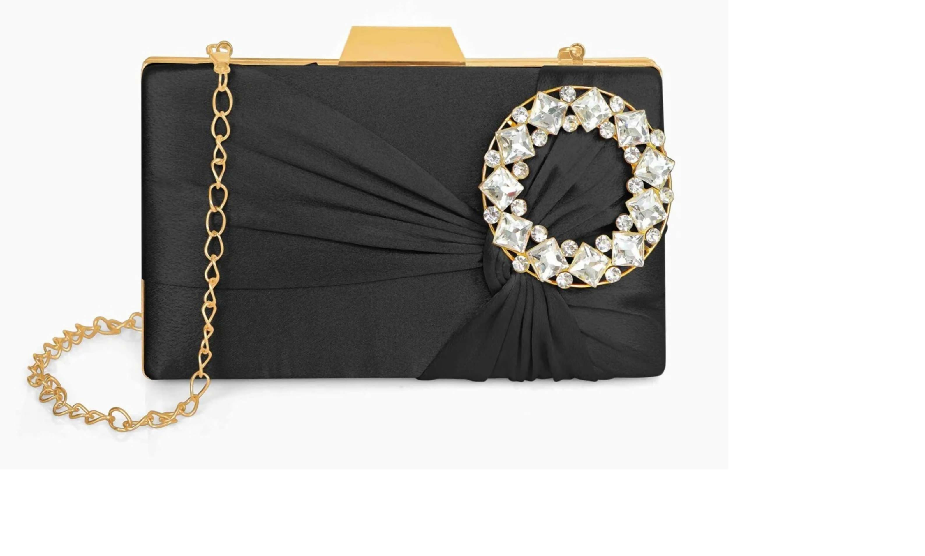 Joban Fashion Luxurious Satin Evening Clutch With Detachable Chain Strap - Black - Dista