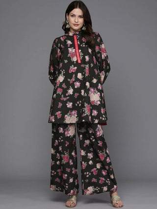 Ahalyaa Women Floral Printed Tunic with Palazzos - Black Color - Distacart