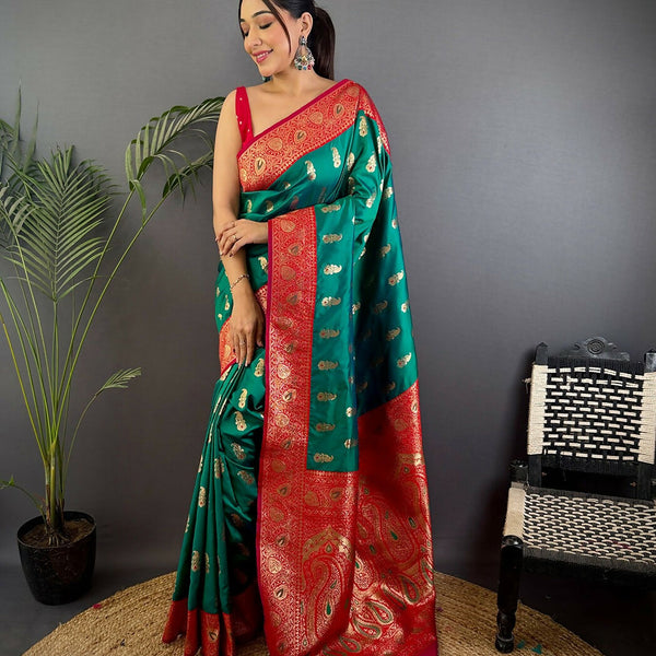 Joban Fashion Banarasi Rama Green Woven Butti Soft Silk Saree - Distacart
