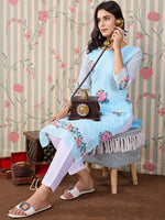 Thumbnail for Ode by House of Pataudi Floral Embroidered Thread Work Floral Georgette Straight Kurta