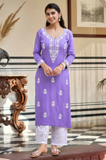 Thumbnail for The52 Lavender Women's Gorgeous Chikankari work Pure Rayon Fabric Straight Kurta, Pant Set - Distacart