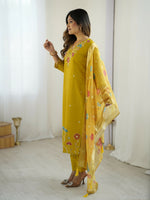 Thumbnail for The52 Yellow Women's Gorgeous Embroidered work Viscose Gadhwal Fabric Straight Kurta, Pant and Dupatta Set - Distacart