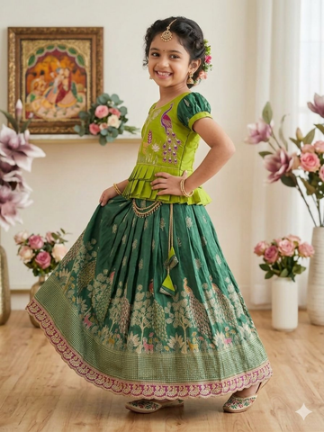 Teeya Creation New Kids Green Color Little Deer Forest Fantasy Lehenga Choli Set -Green - Dista