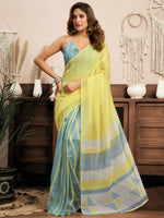 Thumbnail for Joban Fashion Bright Yellow Striped & Geomatric Linen Ready To Wear Saree With Unstitched Blouse - Distacart