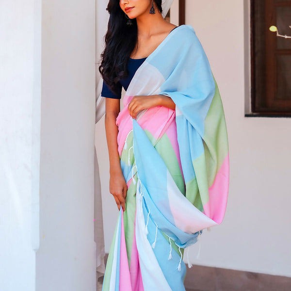Zibaa Hand-Dyed Mul Cotton Multi-color Saree with Tassels - Distacart