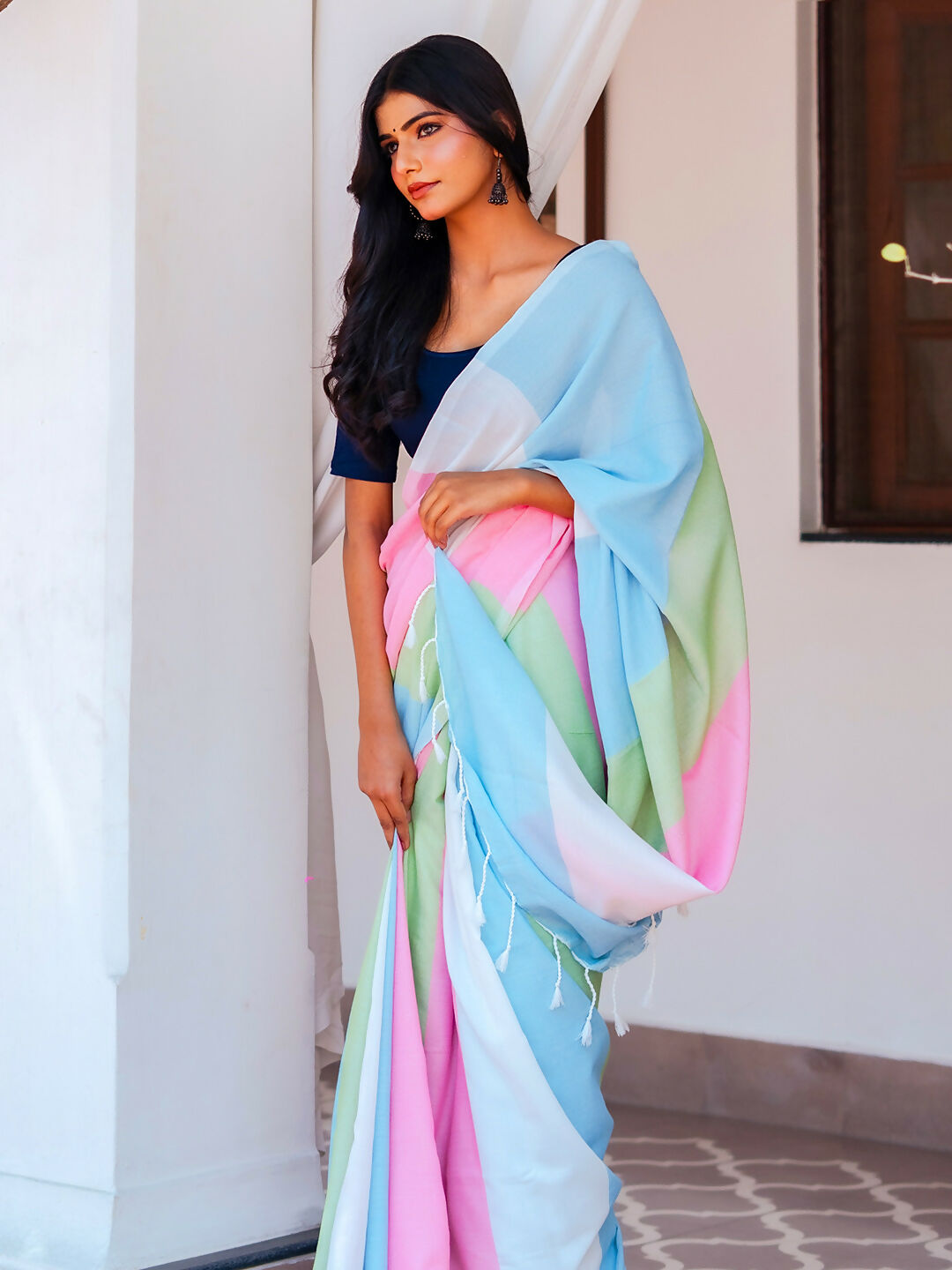 Zibaa Hand-Dyed Mul Cotton Multi-color Saree with Tassels - Distacart