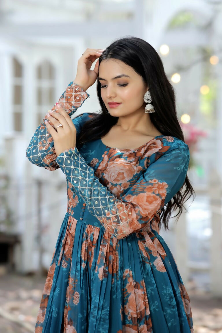 Jyoti Fashion Women's Teal Sequence Zari Embroidered Faux Georgette Anarkali Dress - Distacart