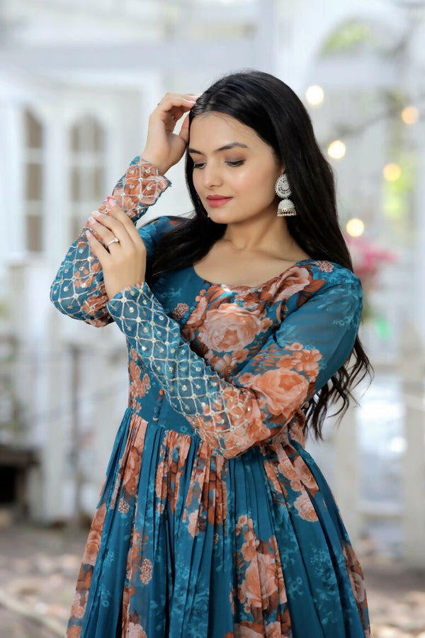Jyoti Fashion Women's Teal Sequence Zari Embroidered Faux Georgette Anarkali Dress - Distacart